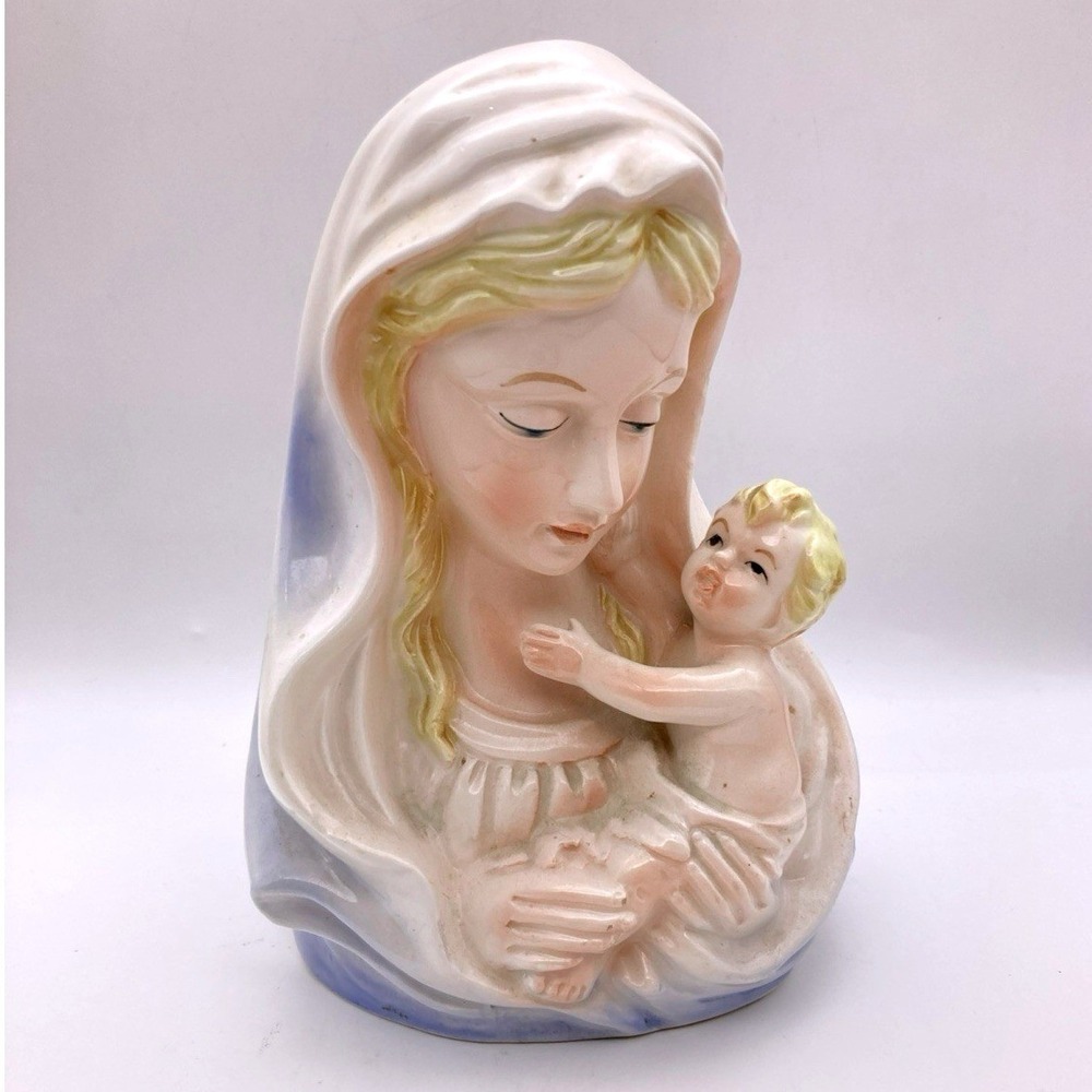 Vintage Relpo Virgin Mary Head Vase Madonna Jesus Mother Child Planter # 6161